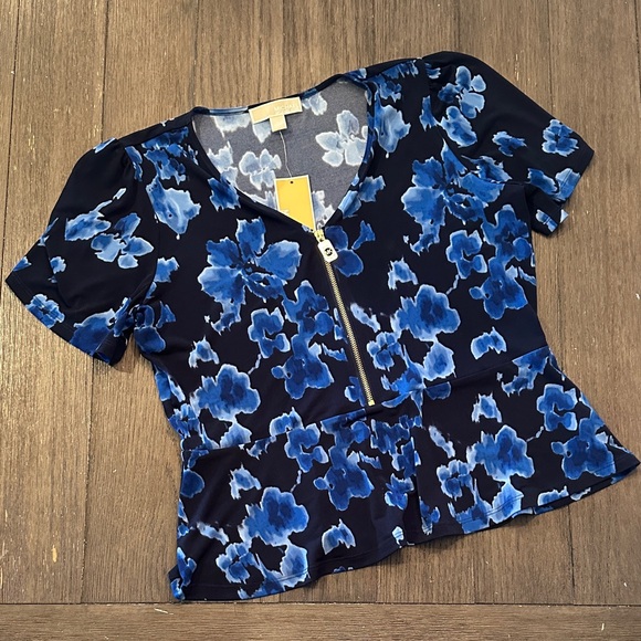 Michael Kors Blue Floral Zip Peplum Blouse - Picture 1 of 5